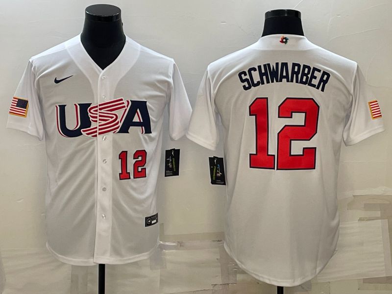 Men 2023 World Cub USA 12 Schwarber White Nike MLB Jersey4
